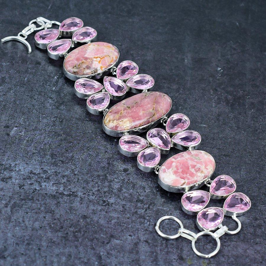 Rhodochrosit, Kunzit Handgefertigtes 925 Sterlingsilber Armband 7-8" C6U96