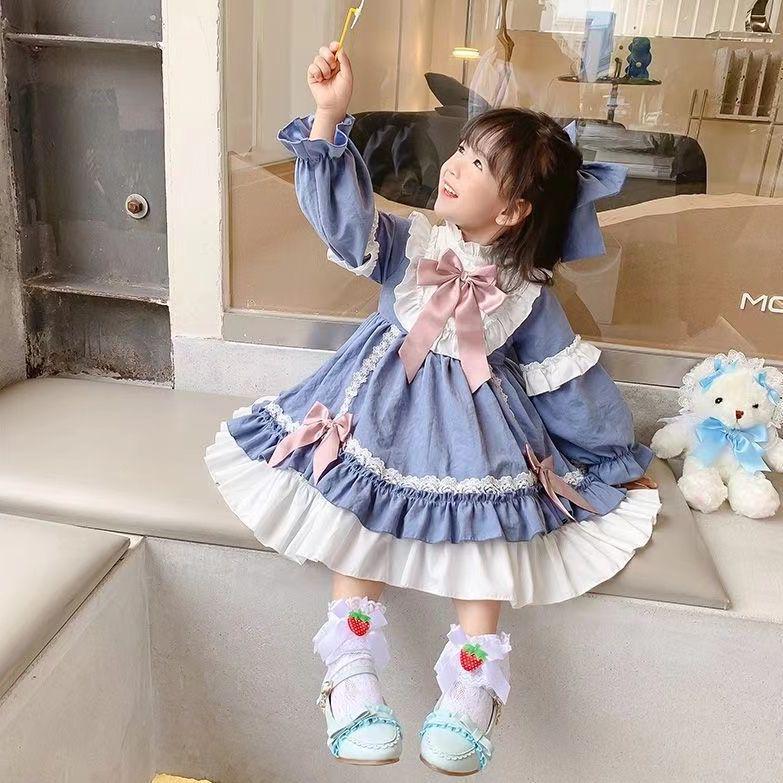 

Платье Лолита с длинными рукавами для девочек с бантом и кружевной отделкой на осень/зиму 2024 г. 120cm синий