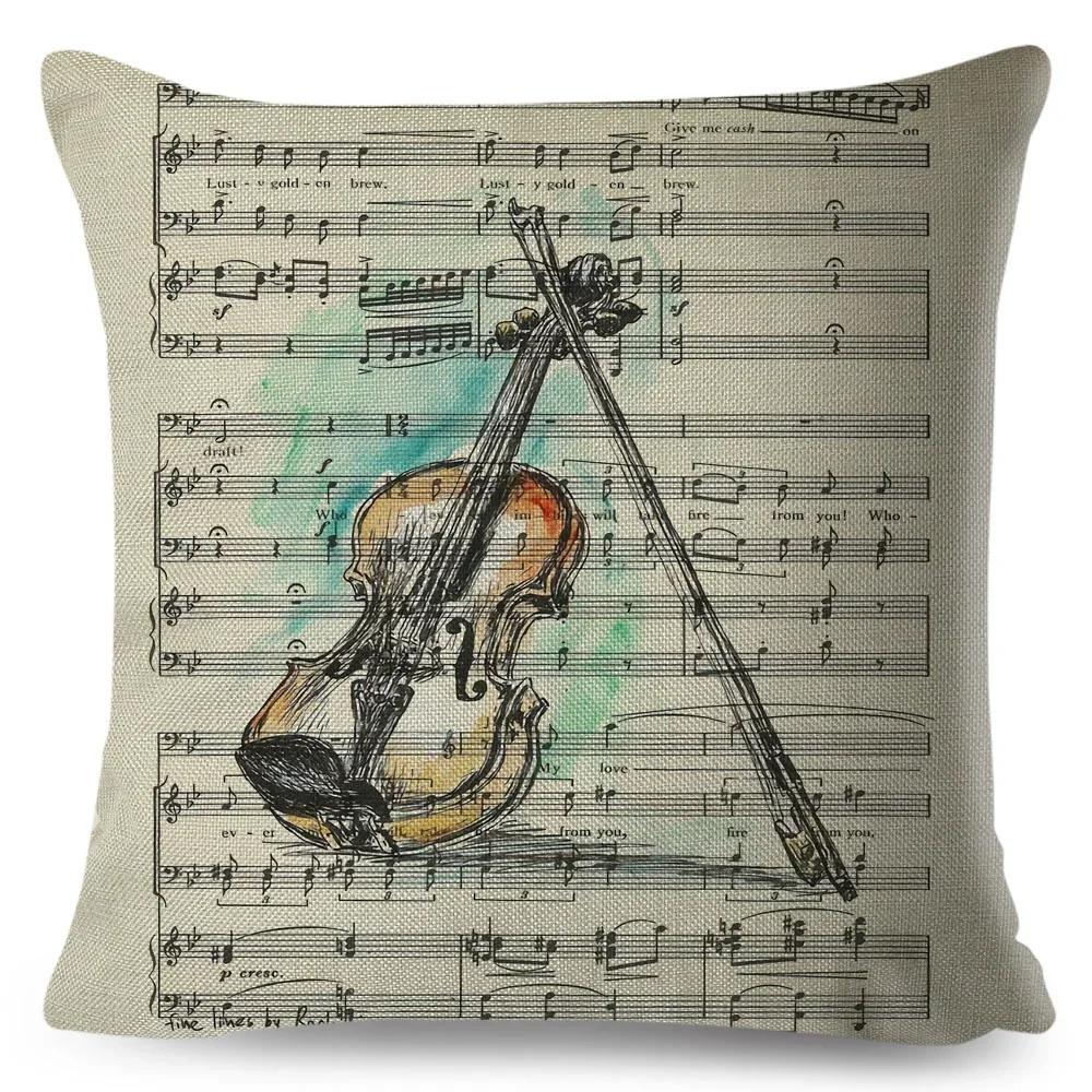Nordic Style Music Note Pillowcase Decor Vintage Guitar Mike Printed Pillow Case for Home Sofa Polyester Cushion Cover 45x45cm