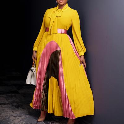 2024 Autumn Plus Size Elegant Color-Blocked Pleated Lace-Up Dress