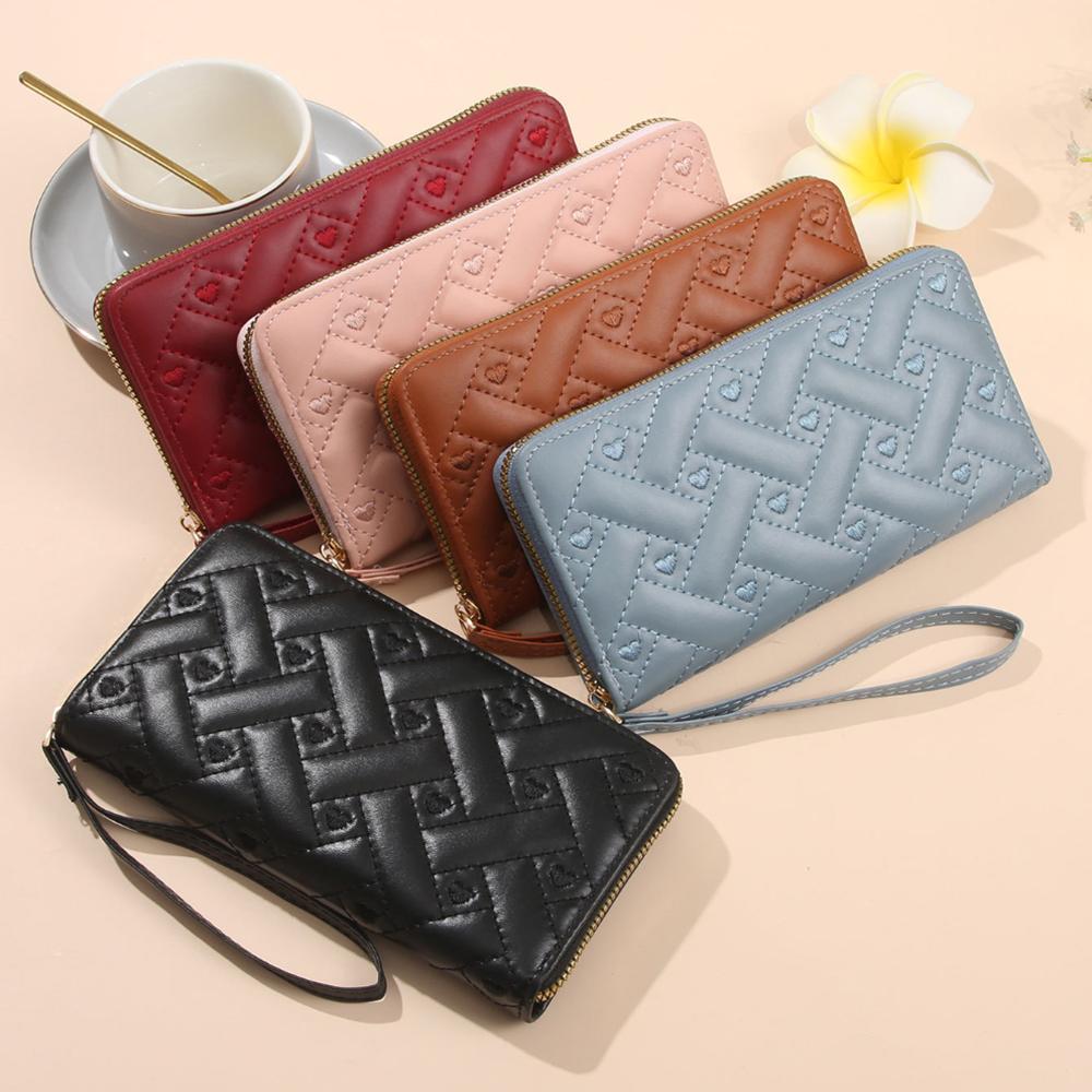 Women's Pu Leather Wallets Credit Card Holder Long Zipper Clutch Female Coin Purses Heart Embroidery Money Bag Wristlet Handbag