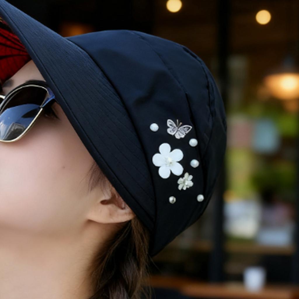 Womens Sun Hat Flowers and Pearls UV Protection Wide Brim Breathable Foldable Summer Beach Packable Visor for Outdoor