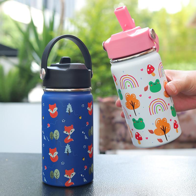 12oz Kinderwasserflasche Cartoon-Tier Kinderbecher mit Strohhalm Edelstahl Vakuumflasche Thermoskanne Thermobecher Tassen