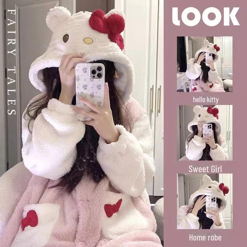 Women's Coral Fleece Hooded Pajama Set - Cute Cartoon Nightgown for Autumn/Winter