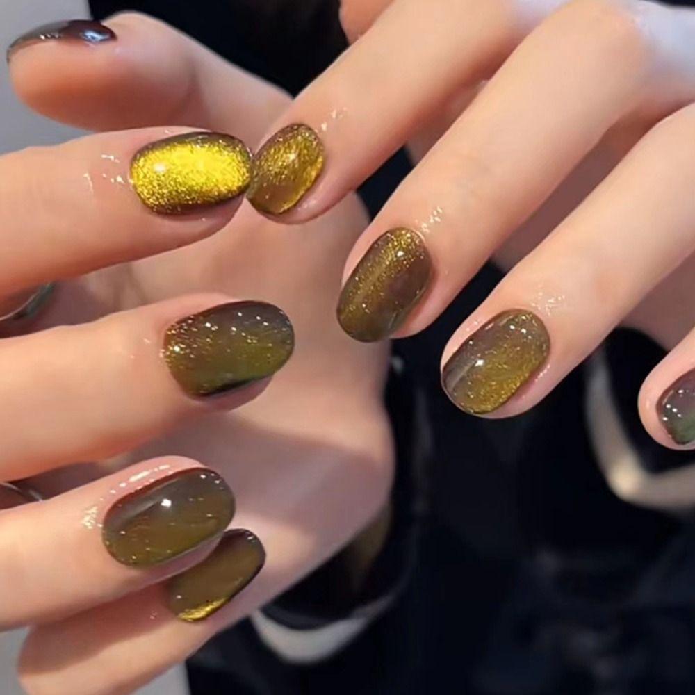 24PCS Cat Eye Fake Nails Short Artficial Nails Reusable Acrylic Nails DIY Manicure Art