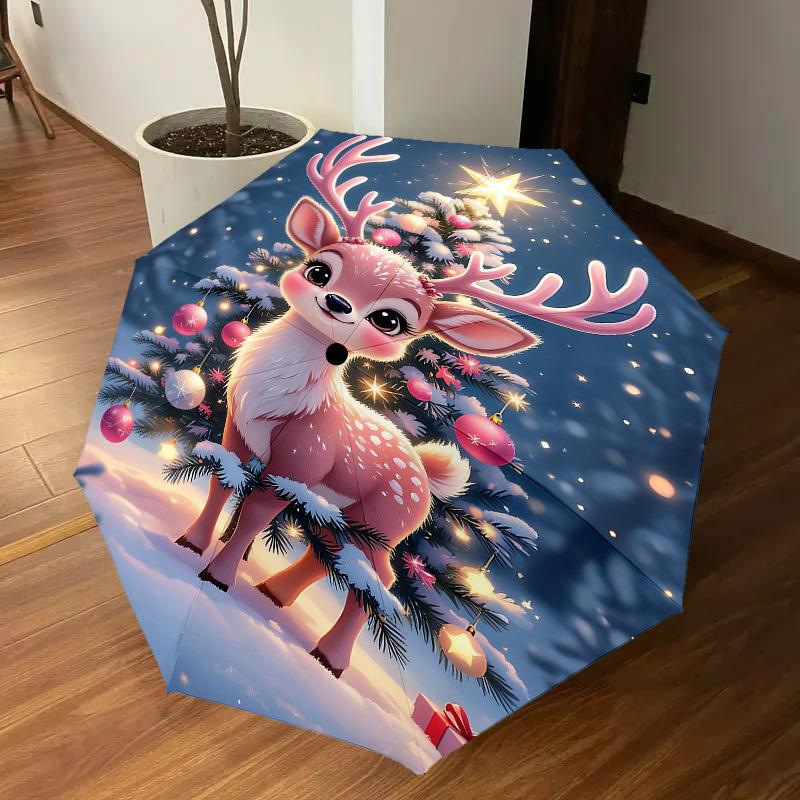 1 Stück Weihnachts-Regenschirm mit Hirsch-Motiv, automatisch auf- und zuschlagbar, winddicht, 8-Speichen stabiles Dach, langlebige Speichen, modisches Design, Outdoor-Accessoire, lustiges Druckmotiv,