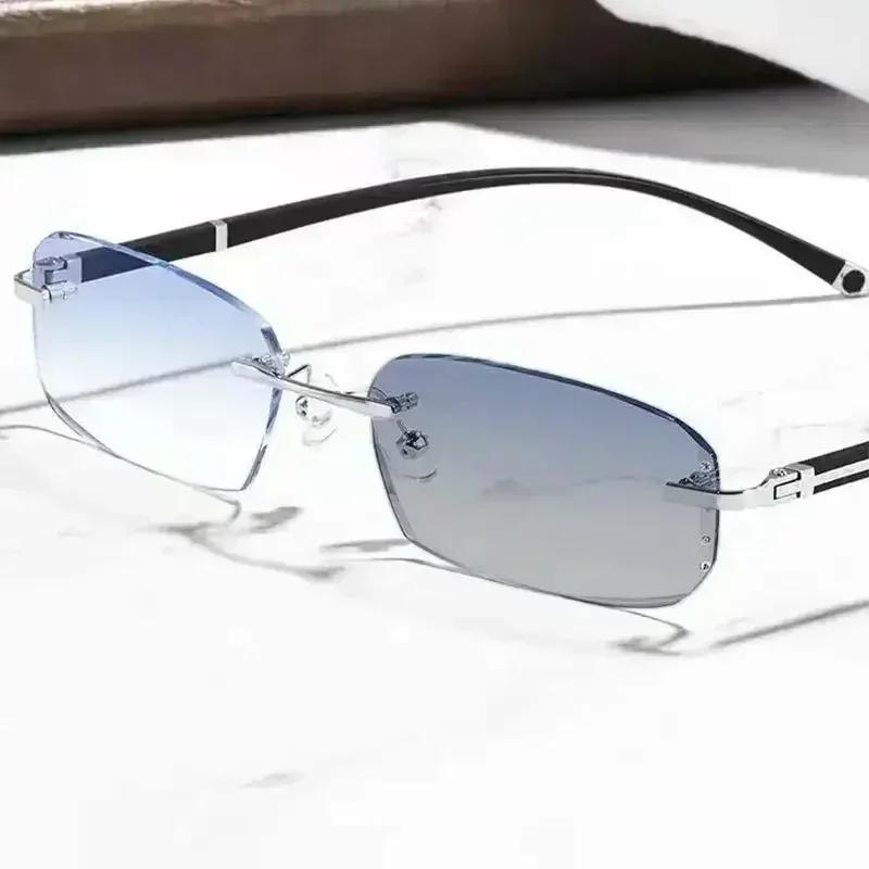 Diamond Trimmed Frameless Photochromic Reading Glasses Fashionable Business Men Glassess Anti Blue Light Presbyopia Glasses