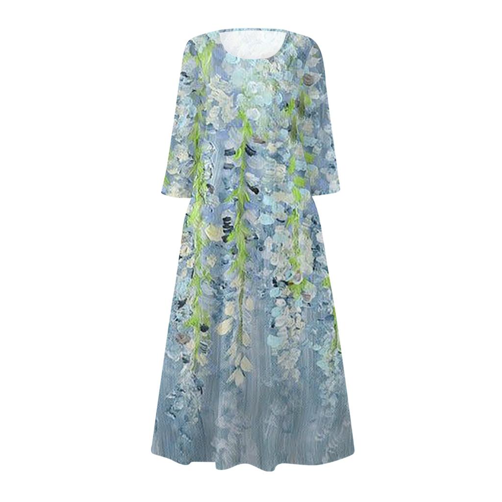 Rochie de buzunar din bumbac, cu mâneci 3/4, cu imprimeu ocazional la modă