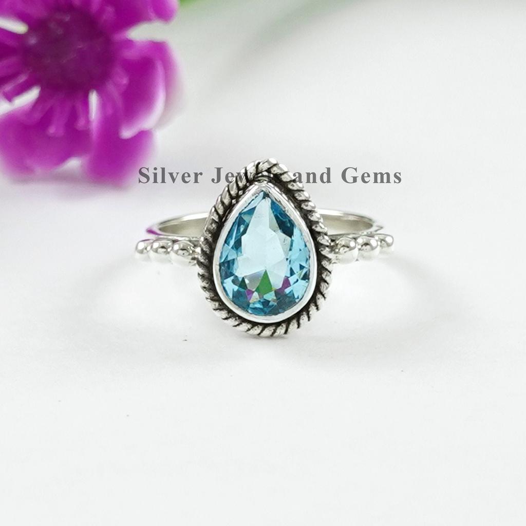 Teardrop Blue Topaz Ring, 925 Sterling Silver, December Birthstone