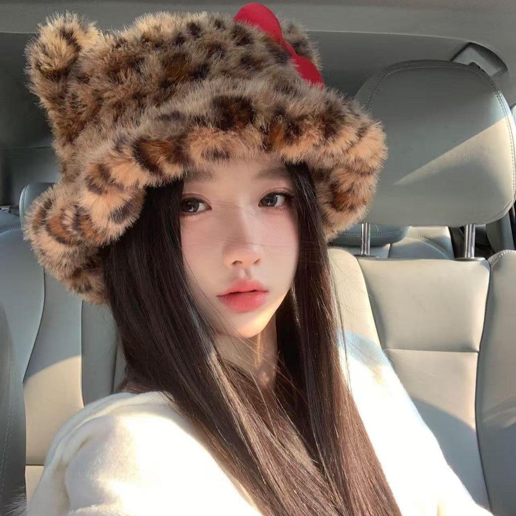 Korean Leopard Print Plush Bucket Hat for Women - Warm, Fluffy, Ear Protected, Large Fit for Autumn/Winter