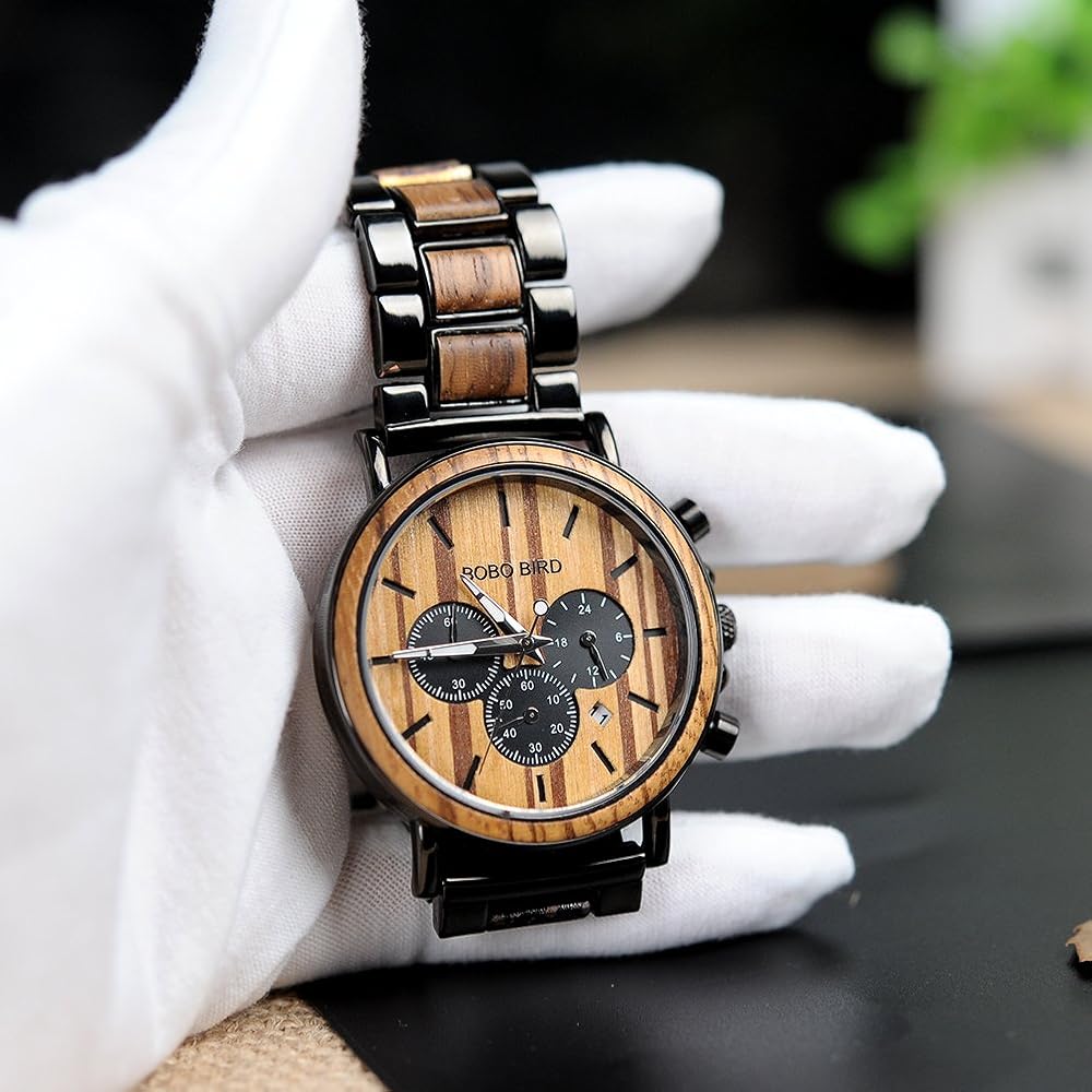 Bobo Bird Men's Stylish Wooden and Stainless Steel Chronograph Military Quartz Casual Watch Black Wood Band