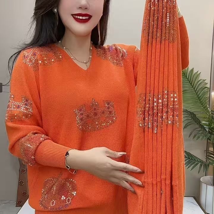 Spring Autumn Women's Plus Size Sweater Thin Loose Fit Rhinestone V-Neck Pullover Knit Top