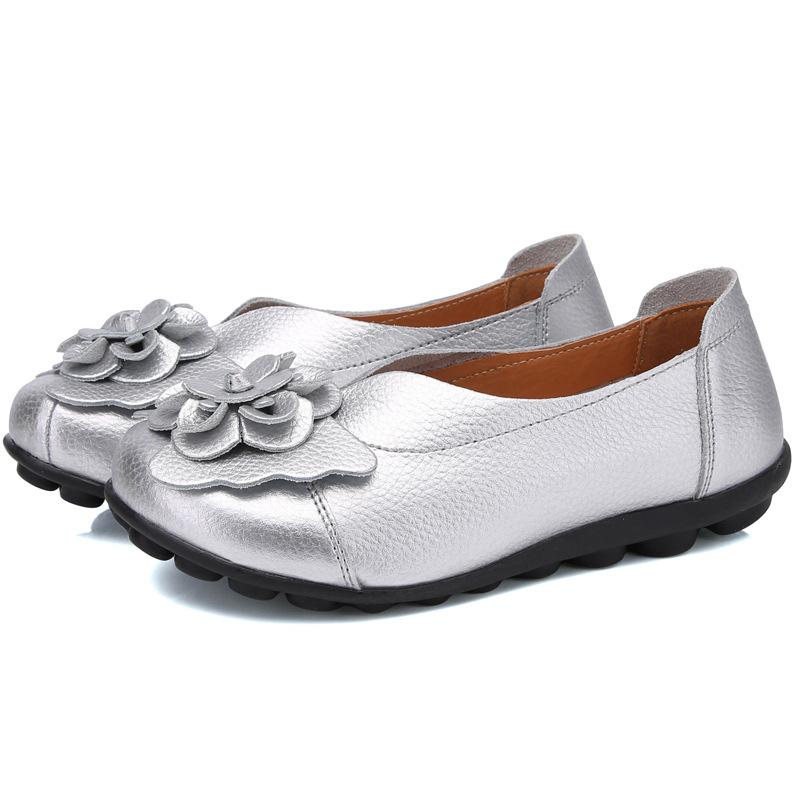 Spring Summer Cowhide Flower Mother Shoes Comfortable Bean Women's Shoes Flat Shoe Women's Singles Shoes