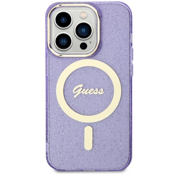 Etui do iPhone 14 Pro Guess Glitter Gold MagSafe Purpurowe