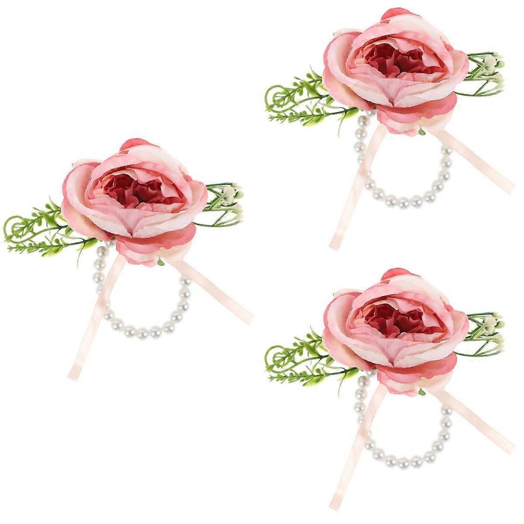 Bridesmaid Corsage Bracelet 3Pcs Pink Wedding Wrist Corsage Artificial