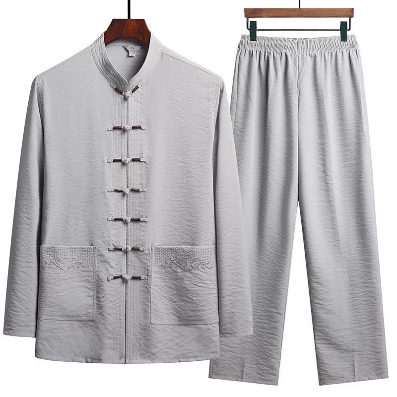 Spring and Autumn Men's  Chinese Traditional Clothing Set Man Fall Linen Buckle Kung Fu Shirt Oriental Retro Top Pants Tai Chi Breathable Uniforms