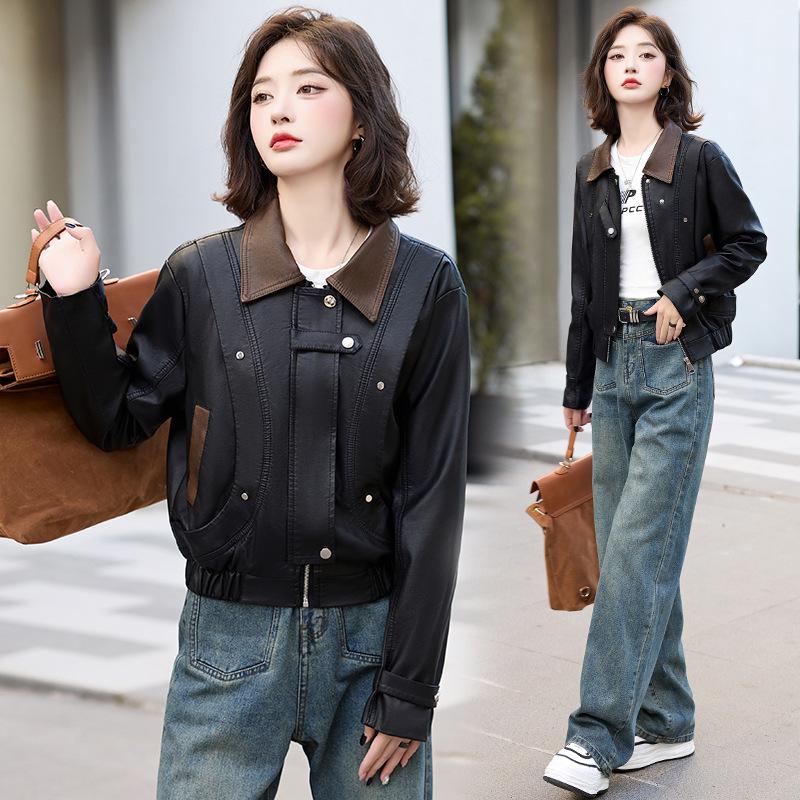 Autumn 2024 Women's Casual Turn-Down Collar Leather Jacket - Slim Fit XG9926
