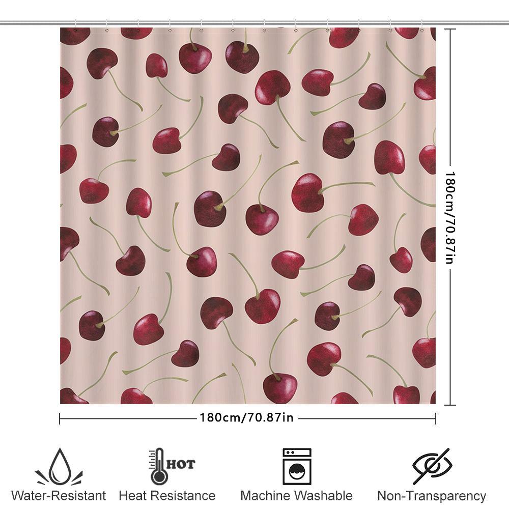 Cherry Print Shower Curtainrustic Red Floral Pattern Decor For Bathrooms Pink Background With Green Stems Waterproof Fabric Hang