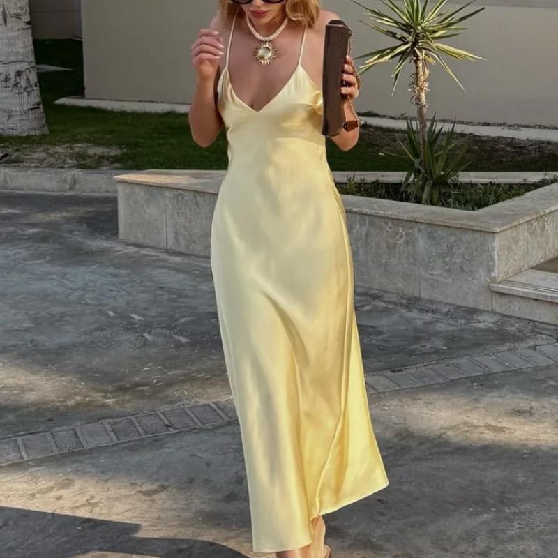 LYRIA Yellow Elegant Stain Women's Sling Dress Sexy Backless Sleeveless V Neck High Waist Evening Gown Summer Chic Lady Partywear 2025
