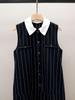 Autumn French Commuter Striped Sleeveless Pleated Dress with Turn-Down Collar