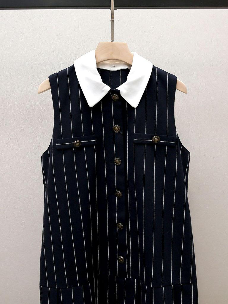 Autumn French Commuter Striped Sleeveless Pleated Dress with Turn-Down Collar