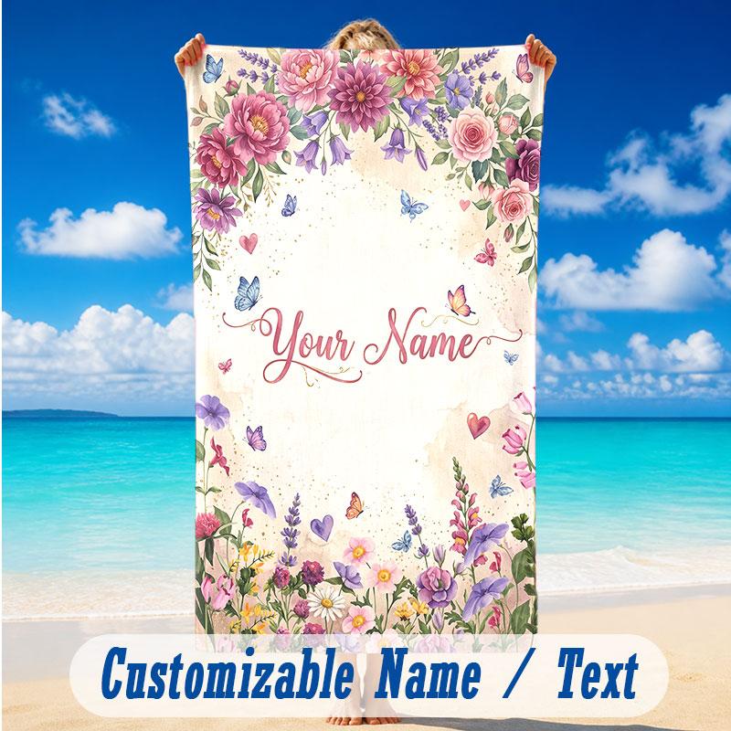 Floral Garden Theme Beach Towel Personalized Custom Name & Text Soft Quick Dry Beach Towel for Swimming Travel
