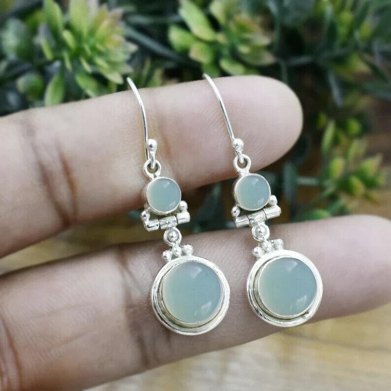 Round Natural Aqua Chalcedony Earrings, Handmade Silver Earrings