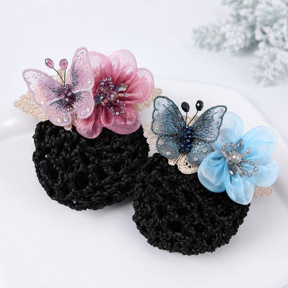Butterfly Flower Elastic Hair Net Rhinestone Beads Decor Hair Bun Holder  Hotel Staff Uniform
