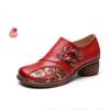 Retro Flower Printed Boho Pumps Shoes Woman Handmade Genuine Leather Medium Heels Women‘s Autumn Designer Round Heel Patch Shoes