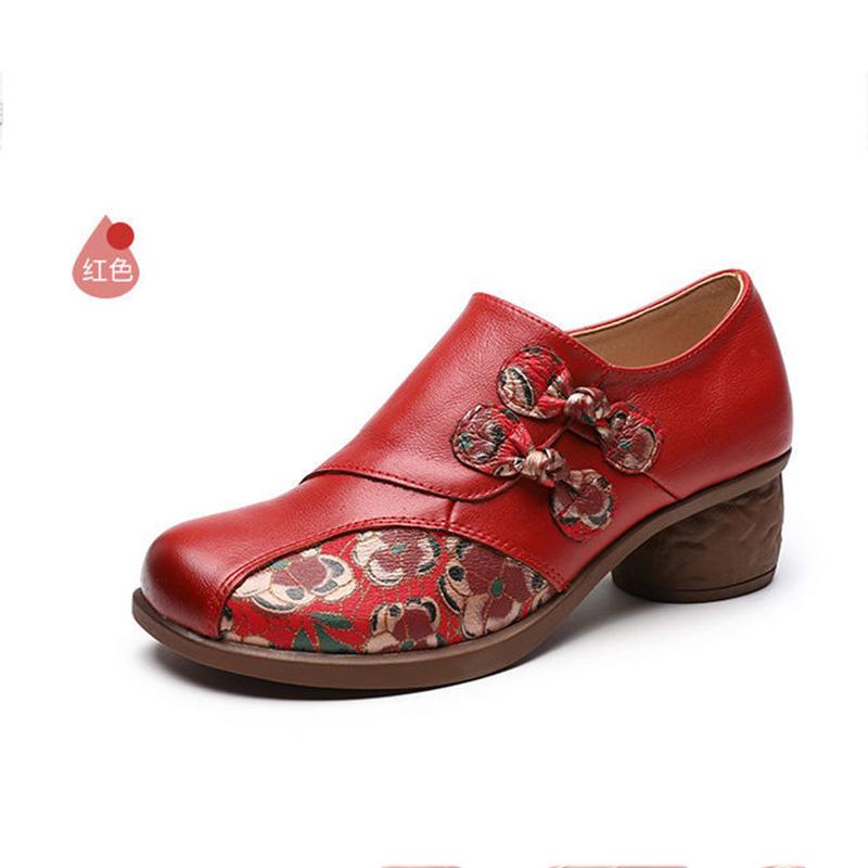 Retro Flower Printed Boho Pumps Shoes Woman Handmade Genuine Leather Medium Heels Women‘s Autumn Designer Round Heel Patch Shoes