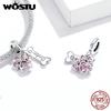WOSTU 925 Sterling Silver Sweet Pink Cat Claw Charms Love Heart Pet Animal Beads Fit Original Bracelet Bangle DIY Jewelry Making