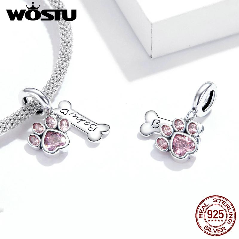 WOSTU 925 Sterling Silver Sweet Pink Cat Claw Charms Love Heart Pet Animal Beads Fit Original Bracelet Bangle DIY Jewelry Making