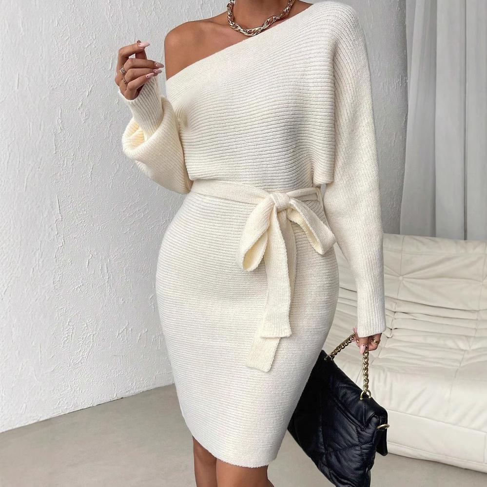 2024 Autumn Women's Solid Color Asymmetric Tie-Waist Long Sleeve Dress