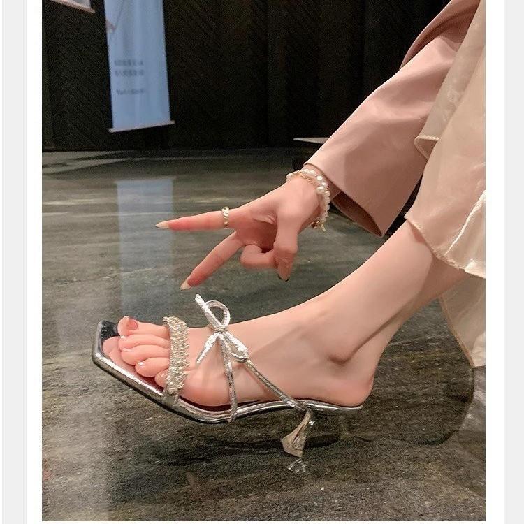 Fairy Wind French Sandals Outer Wear 2025 Summer Word with Bow Square Head Stiletto Sandals High Heels Slippers Female