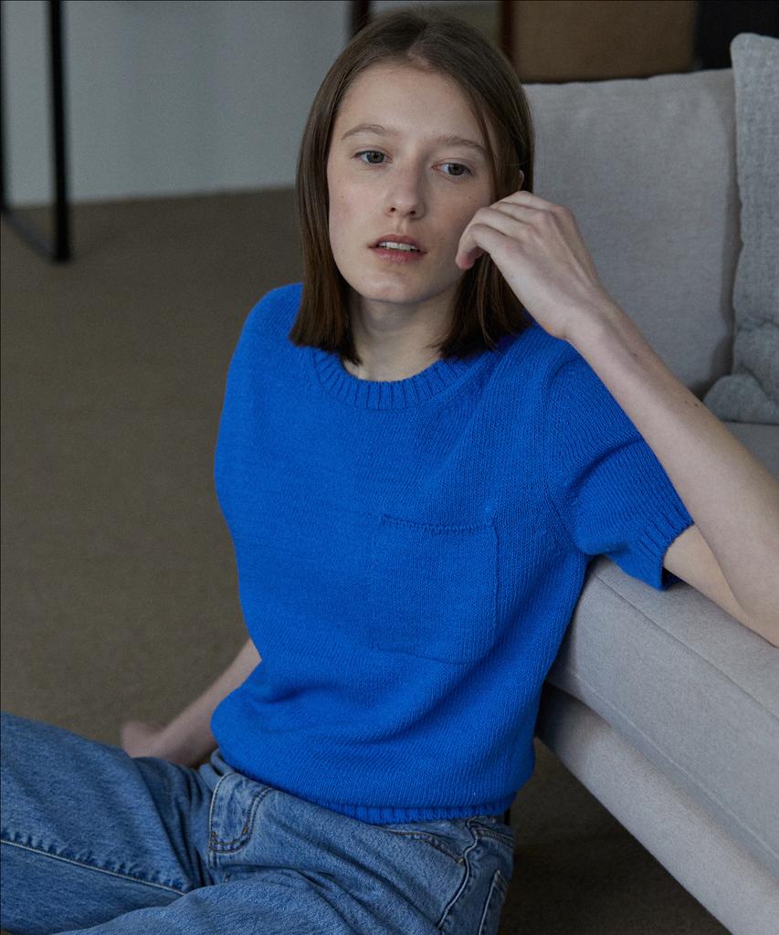 STEP AROUND Cotton Short Sleeve Pocket Knit_Blue