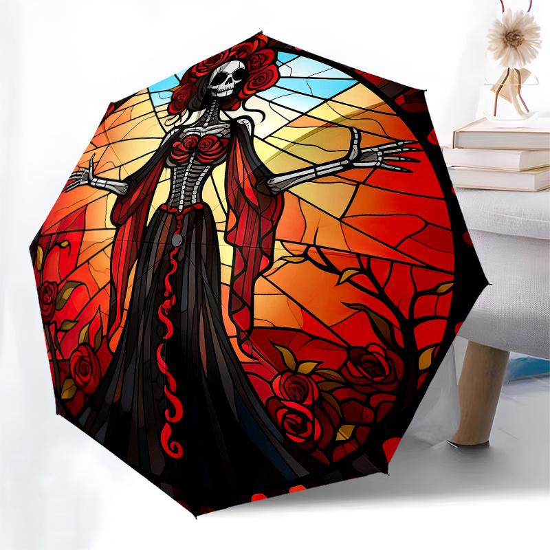 Arte de Parede Vitral Dia dos Mortos Decoração Esqueleto com Guarda-chuva de Rosas, Presente de Natal Y148