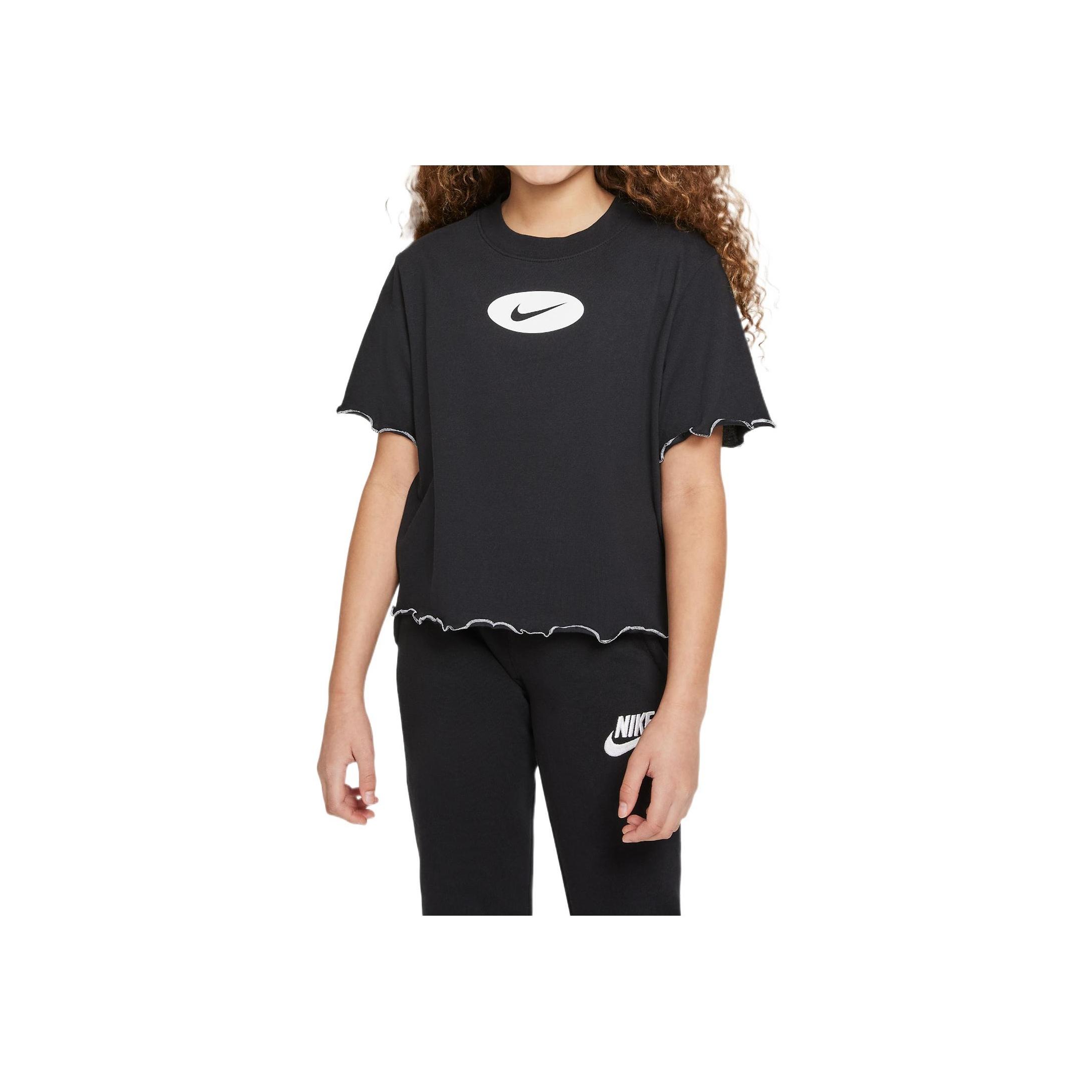 

Nike Футболка Dri-FIT с цветными блоками, логотипом и оборкой по низу, с круглым вырезом и короткими рукавами, детские топы, черная DQ4392-010 XS