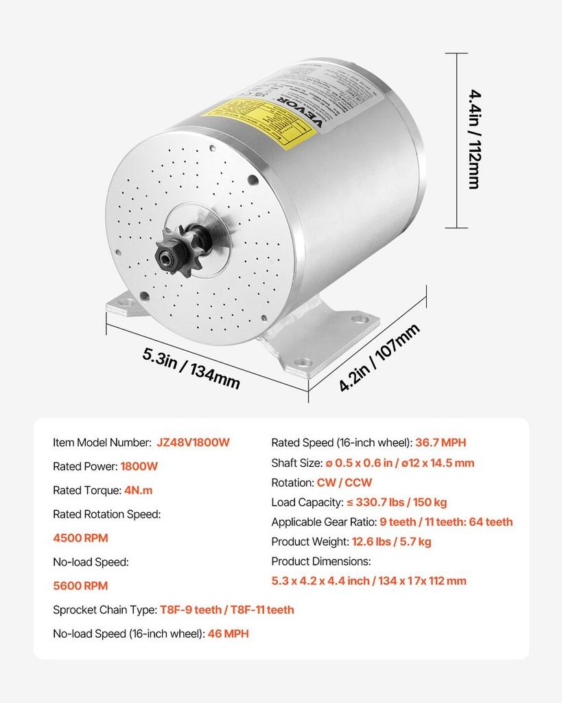 1800W Electric Brushless DC Motor Kit 48V 4500rpm Motor & Speed Controller