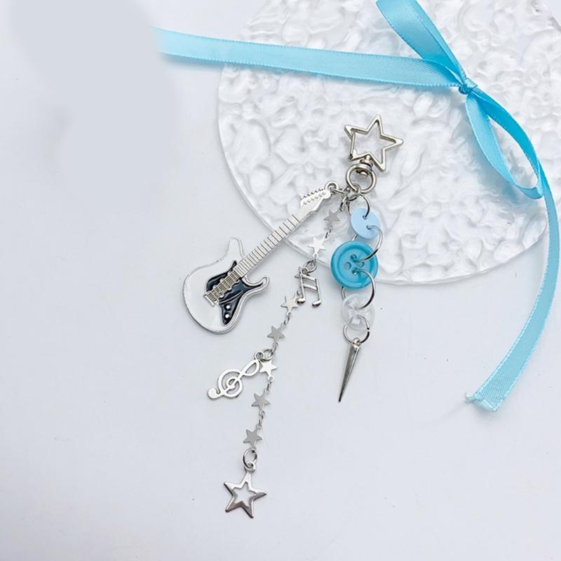 Guitar Star Button Charm Keychains Sweet Cute Pendant Hanging Ornament Keyring Backpack Decoration for Women Girls