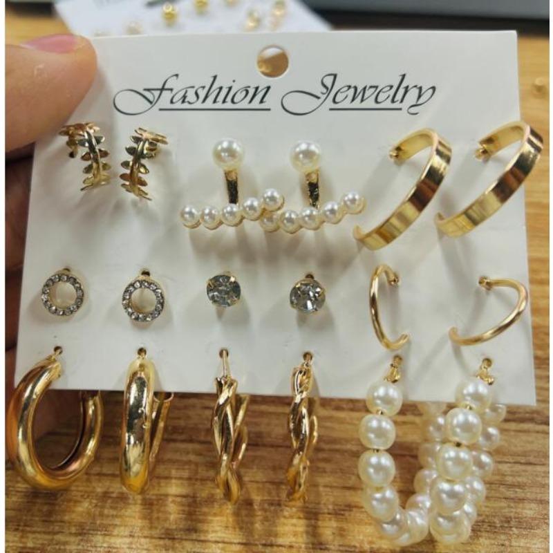 Hot-selling Retro Exaggerated Women's Peach Heart Stud Earrings Twist Twisted Pearl Earrings 11-piece Set of Earrings