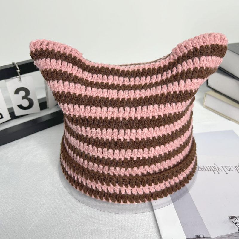 Autumn-Winter Striped Woolen Hat with Cute Cat Ears - Fashionable, Versatile Devil Design.