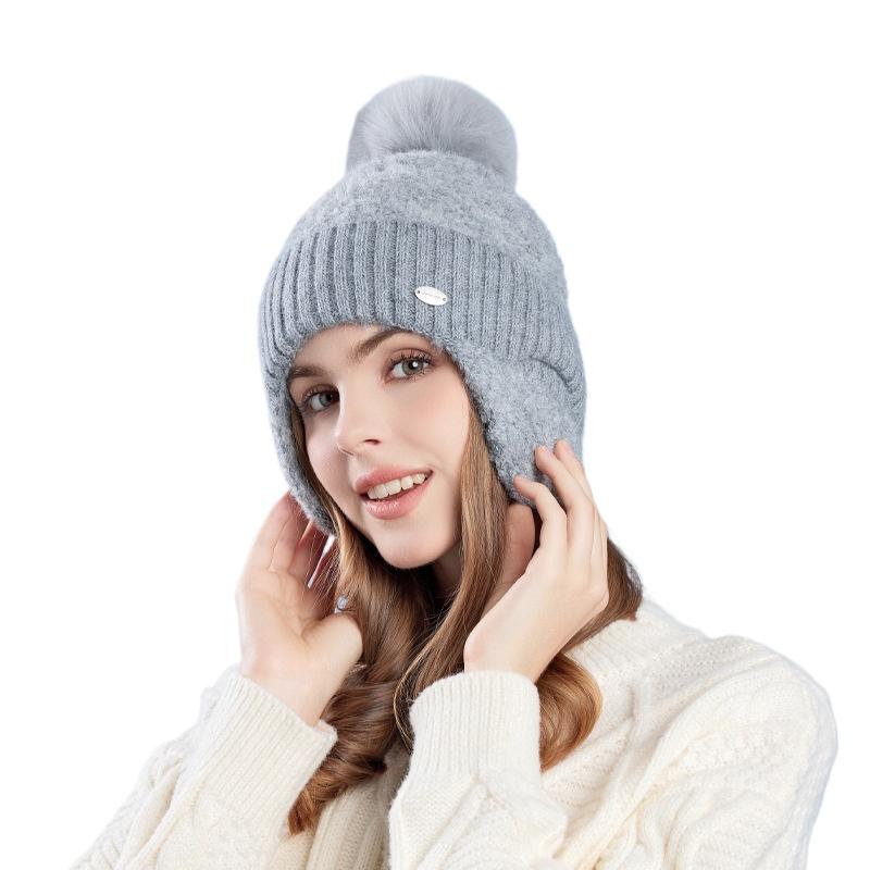 Women'S Plush Faux Fur Beanie With Pom Pom Korean Style Knit Hat For Women Warm Winter Ear Flap Ski Cap Female X101