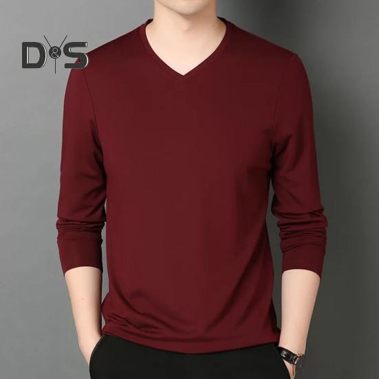 Men Fall Spring Top V Neck Long Sleeves Pure Color Slim Fit Thin Pullover T-shirt Daily Wear Sport Homewear Clothes