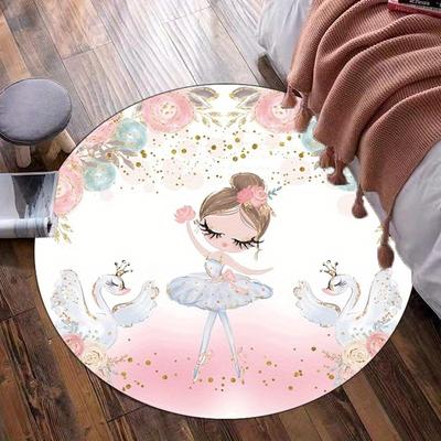 Ballet Girl Swan Princess Round Rug Kids Room Decor Pink Gold Floral Cartoon Baby Nursery Floor Mat Crystal Velvet Carpet