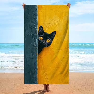 Oil Painting Black Cat Peeking Beach Towel 2D Flat Print Sand Proof Quick Dry Microfiber For Beach Pool Yoga Summer Vacation