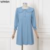 VONDA Women Elegant Doll Collar Long Sleeve Casual Tunic Dress