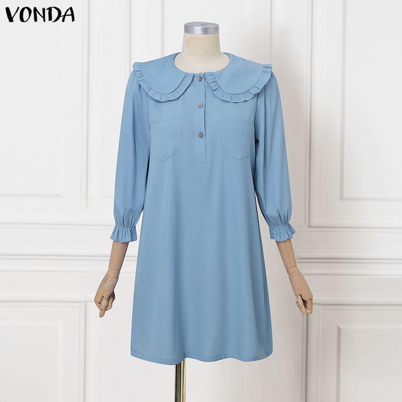VONDA Women Elegant Doll Collar Long Sleeve Casual Tunic Dress