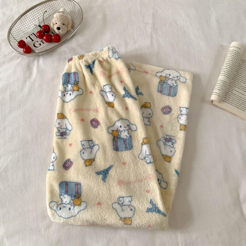 Korean Style Women's Cartoon Flannel Sleep Pants - Wearable Outdoors for Autumn and Winter 2025