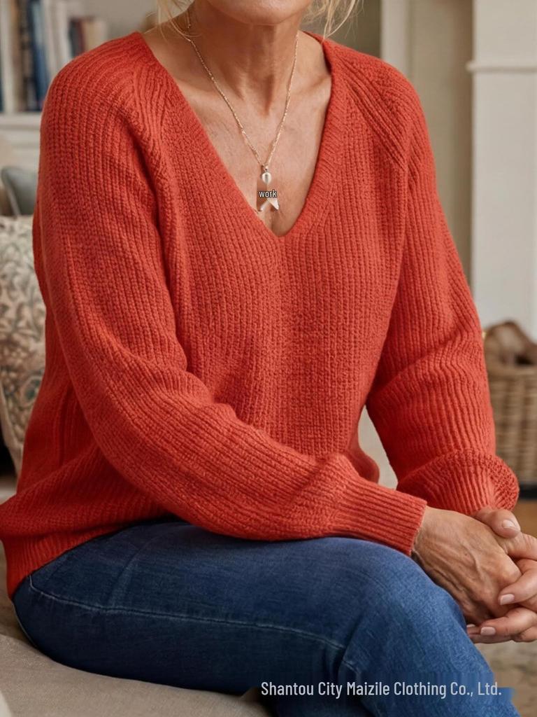 2025 Plus Size V-neck Knit Pullover: European/American Style, Autumn/Winter Women's Casual Sweater