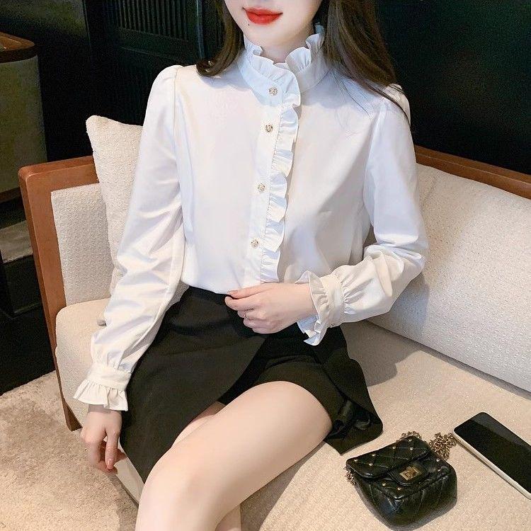 Women's White Ruffle Stand Collar Shirt - French Chic, Autumn/Spring 2025